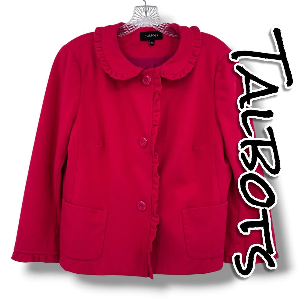 Talbots Ponte Knit Pink Ruffle Peter Pan Collar Blazer Jacket Pockets Sz 12